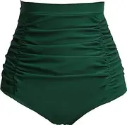 [COCOPEAR] Women's Ruched High Waisted Bikini Bottom Retro Vintage Swim Short Tankinis, Green, Medium