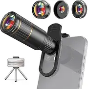 4-in-1 Phone Lens Kit External Phone Camera Lens Set with 22X Telephoto Lens & 205° Fisheye Lens & 4K 0.67X Wide Angle Lens & 25X Macro Lens & Lens Clip & Phone Lip & Mini Tripod Replacement for