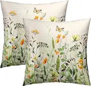 Giwawa Wildflowers Throw Pillow Covers 18x18 Inch Set of 2, Watercolor Orange Floral Green Leaves Decorative Pillowcase Cotton Square Cushion Cover for Couch Bed Outdoor Bench Chair Decor