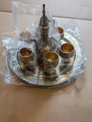 Brass Aftaba Wine Tea Set 6 Cups and Pitcher - Silver And Gold