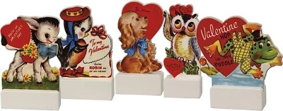 Retro Vintage Style Valentine Stand Up Set of 5 Primitives by Kathy 3 in by 4in