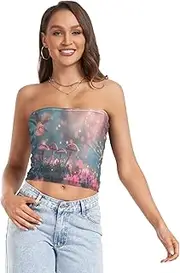 [RPLIFE] Mushrooms Butterfly Flowers Women's Tube Top, Strapless Going Out Top, Mesh Tube Tops, Trendy Crop Tops (S)