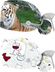 [WOSHJIUK] Working Hat 2 Pack Scrub Caps for Women,Wildlife Tiger,Tie Back Cap Adjustable Scrub Hat