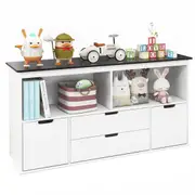 Costway Toy Storage Organizer Wood Bookshelf TV Cabinet w/Drawers Playroom Living Room White