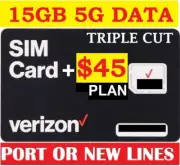 Verizon Wireless Prepaid Sim Card with $45 Plan 15GB 5G Data for life promotion