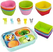 50PCS Silicone Lunch Box Dividers Kit, Reusable Silicone Cupcake Liners Muffin Cups, Fun Lunch Box Bento Box Accessories, Cute Food Picks for Kids (40 Baking Cups + 10 Animal Picks)