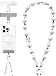 Vihibii Phone Charm Pearl Beaded with 2* Tether Tab, Detachable Phone Lanyard Wrist, Fashion Anti-Drop Wrist Strap for Phone Case, Anti Theft Stylish Phone Chain Wristlet for Women Girls, White