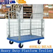 Jumbo Flat Bed Trolley Cart with Folding Wire Mesh Cage Sides Heavy Duty 400KG