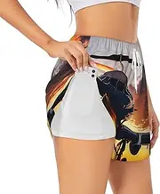 [WURTON] Aircraft Plane at Sunset Print Exercise Gym Workout Shorts Women's Athletic Shorts Dual-Layered Yoga Running Shorts