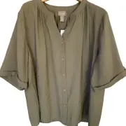 Chico's Top Women's Size 4 Sandwashed 3/4 Sleeve Button Front Elbow Sleeve NWT