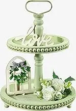 Handmade Two Tiered Tray Stand, Small Beaded Tiered Seasonal Tray Decor, Sage Wooden Kitchen Serving Tray for Coffee Food Fruits Cupcakes, Home Decor Holiday Display