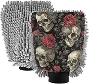 XYMZR Skull Roses Black Leaf Absorbent Microfiber Car Wash Mitt, Funny Cute Anime Scratch Free for Cars Cleaning, Home Cleaning Mitts, 2 Pack, 10.24” L x 7.09” W