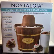 *NIB* Nostalgia 4-Qt Ice Cream Maker Frozen Yogurt Gelato Electric Wood Bucket
