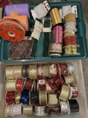 Huge Lot of 50 Rolls Ribbon Tulle Gold Red Mostly New Christmas Crafts