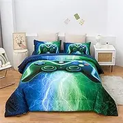Meeting Story Gamer Gaming Bedding Sets Red Blue Lightnings Gamepad Comforter Set for Boys Games Console Action Buttons Novelty Colorful Modern Room Decor Home Quilt Set (Blue-Green, Full 5Pcs)