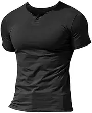 [Muscle Alive] Mens Summer Casual Short Sleeve Henleys T-Shirt Single Button Placket Plain v Neck Shirts