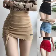 Drawstring Rib-Knit Pencil Mini Skirt Black - S