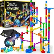 NATIONAL GEOGRAPHIC Glowing Marble Run – 150 Piece Construction Set with 30 Glow in The Dark Glass Marbles, Mesh Storage Bag, Great Creative STEM Toy for Girls and Boys