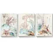 takfot Coastal Canvas Wall Art Paintings Shell Starfish Coral Conch Picture W...