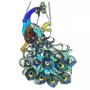 Tiffany Style Blue Peacock Stained Glass Window Panel Suncatcher w/Hanging Chain