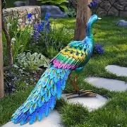 Colorful Metallic Peacock Tropical Bird Metal Sculpture Statue Yard Garden Art