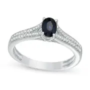 Oval Blue Sapphire and 0.13 CT. T.W. Natural Diamond Double Row Split Shank Ring in Solid 10K White Gold