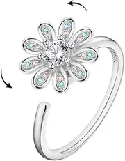 [Izpack] Daisy Flower Spinner Fidget Open Statement Ring Cubic Zirconia Crystal Adjustable Stacking Relief Stress Finger Rings Anti Anxiety Worry Promise Love Bands Lovely Jewelry for Women Girls Bride, Base,