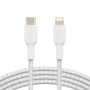 Belkin BoostCharge Braided Lightning to USB-C Cable (1m/3.3ft) - White (CAA004bt1MWH), 30W Fast Charge, 480Mbps, 10,000+ bends tested, USB-C PD, 2YR