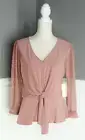 Flower And Feather Women Top Size XL Mauve Sheer front tie knot Ragland Sleeve
