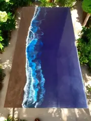 Blue Resin Epoxy Dining Table Top Ocean Wave Handmade Acacia Wood Furniture Deco
