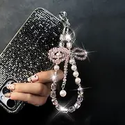 New fashionable crystal pearl mobile phone chain with high-end feel three-dimensional crystal pearl bow key hanging chain mobile phone hanging chain wrist chai