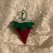 Strawberry Emery ~ Pincushion Red Wool W/ Green Felt “Cap” Topped W/Lace Bloom