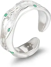 [Melhill] Adjustable S925 Sterling Silver Ring with Cubic Zirconia Organic Wave Textured Bark-Inspired Band Hypoallergenic Nature Jewelry for Women