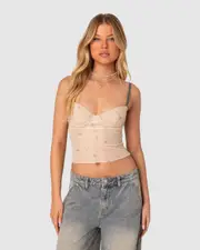 EDIKTED Womens Nicola Sheer Mesh Printed Bra Top BEIGE