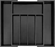 VaeFae Bamboo Drawer Organizer, Expandable Silverware Drawer Organizer and Cutlery Tray, Wooden Drawer Dividers Organizer for Kitchen Utensils and Flatware (5-7 Slots) (Black,Small)
