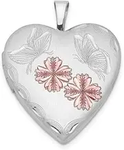 [JewelryWeb] 925 Sterling Silver Holds 2 photos Polished and satin Enameled Flowers Butterfly Angel Wings Love Heart Locket 25.1x19.6mm Wide