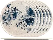 H&H Set of 6 Pizza Plates, Indigo, Blue Floral, Stoneware Porcelain, 32 cm