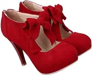 [LIFKOME] Bow High Heels Chunky Platform Heels Chunky Heel Boots Bowknot Shoes Woman Footwear Pointed Heels Pointed Toe Heels Women's Shoes High-Heeled Shoes Red Upper: Frosted