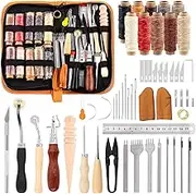 Swpeet 46Pcs Leather Kit, Leather Working Tools and Supplies, Leather Craft Tool Kit with Waxed Thread Groover Awl Stitching Punch, Tracing Wheel, Sewing Needles, Other Leather Crafting Tools