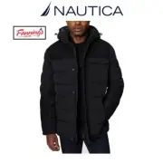 Nautica Men's Mixed Media Jacket Hooded Quilted Full Zip Storm Cuffs E11