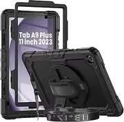 [Herize] Samsung Galaxy Tab A9 Plus Case Cover 11 Inch 2023 with Screen Protector Pen Holder | Shockproof Tab A9+ Case SM-X210/X215/X216 | Protective Case W/Stand Hand Strap Shoulder Strap Black