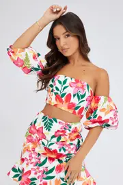 Multi Floral Crop Top Balloon Sleeve Corset Top - Size 14, Women's Crop Top