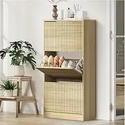 Oikiture Shoe Rack Storage Cabinet 3 Compartments Natural