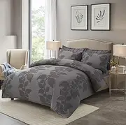 Techshining Duvet Cover Set, Dark Grey Leaf Embossed Doona Cover Set - Modern Minimalist Soft Breathable Bedding