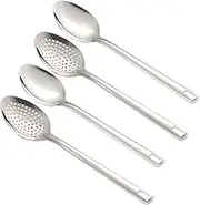 4 Pcs Cooking Spoon Set, Stainless Steel Serving Spoons, Long Handle Kitchen Utensils with Slotted and Solid Spoons, Metal Cooking Spoons for Restaurant, Catering & Home Use