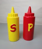 Hallmark Retro Ketchup Mustard Salt & Pepper Shakers Bottles Ceramic New Cookout