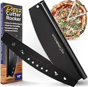 [KitchenStar] 16” Black Non-Stick Pizza Cutter by | Sharp Stainless Steel Slicer Knife - Rocker Style w Blade Cover | Chop and Slices Perfect Portions + Dishwasher Safe – Premium Pizza Oven Accessories