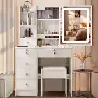 Dressing Table Stool Set Sliding Makeup Mirror Vanity Makeup Desk 6 Drawers