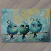 4x6" Birds On A Wire Cute Big Eyes Acrylic Painting Cartoon Style Colorful
