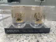 Mikasa Set of 2 Stemless Wine Glasses with "Hubby & Wifey" in Gold & Gold Rim